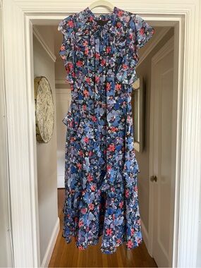 Shoshanna Blue Floral Midi Dress with Pink & Purple Accents